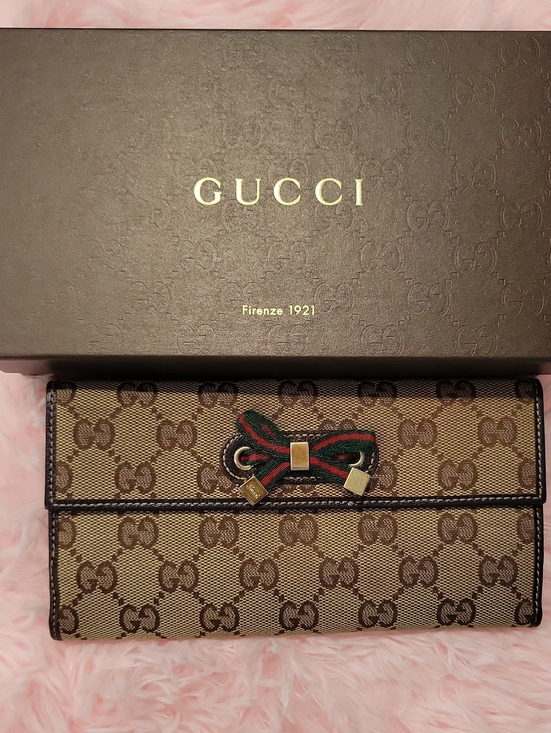 Gucci Handbags - Gucci Brown GG Supreme Continental Wallet with Green-Red Bow Accent